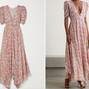 LoveShackFancy Akira  Asymmetric Embellished Floral-print Crepon Maxi Dress